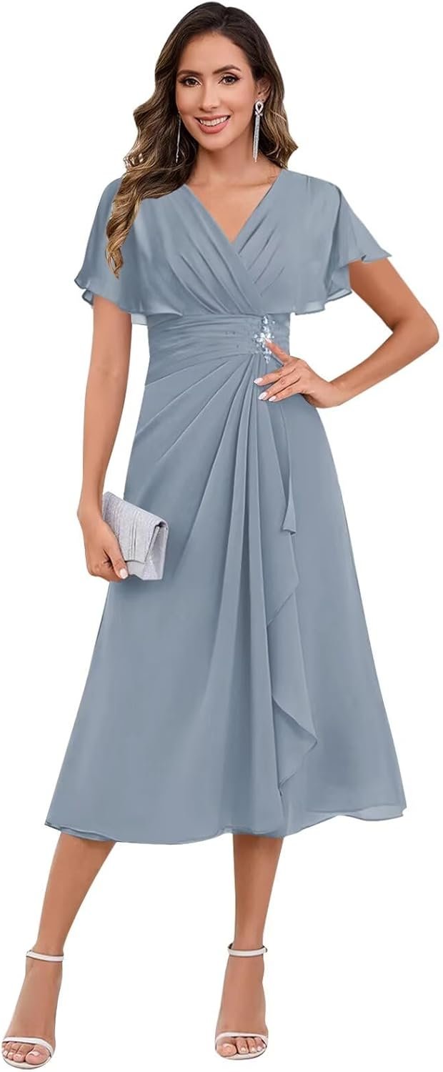 Tea Length Mother of The Bride Dresses for Women Ruffles Chiffon Beaded Formal Wedding Guest Dress with Sleeves