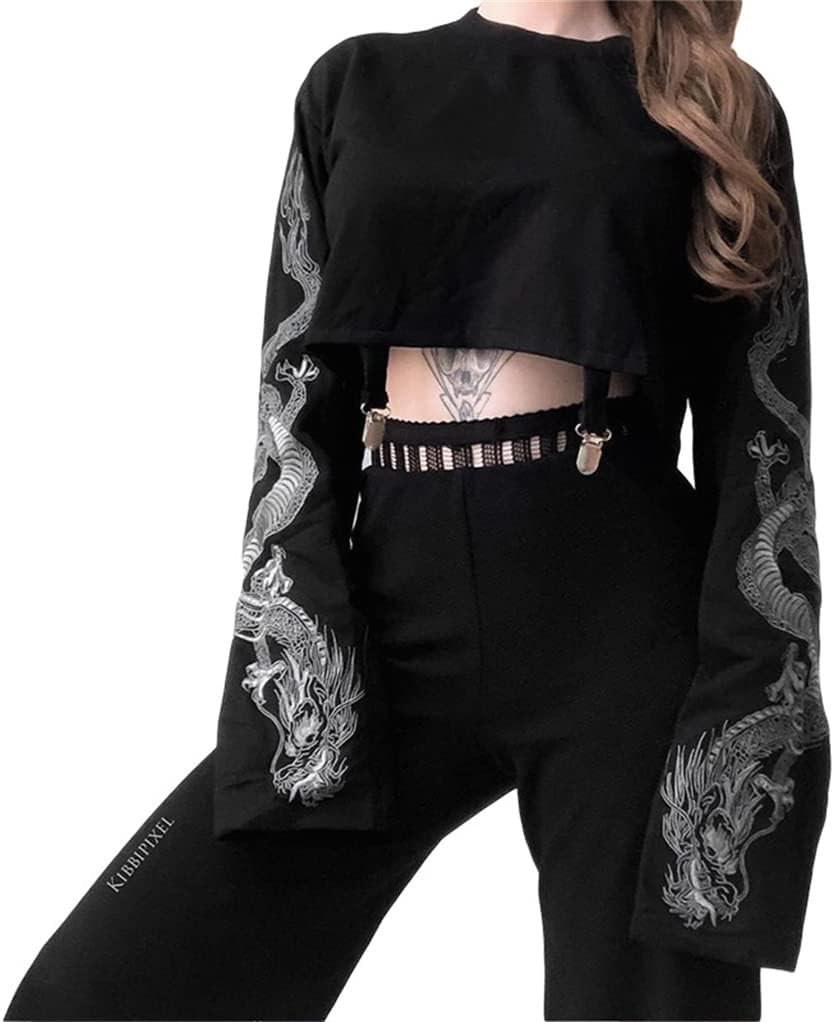 Women Gothic Hooded Top Long Sleeve Black Chain Print Crop Tops E-Girl Harajuku