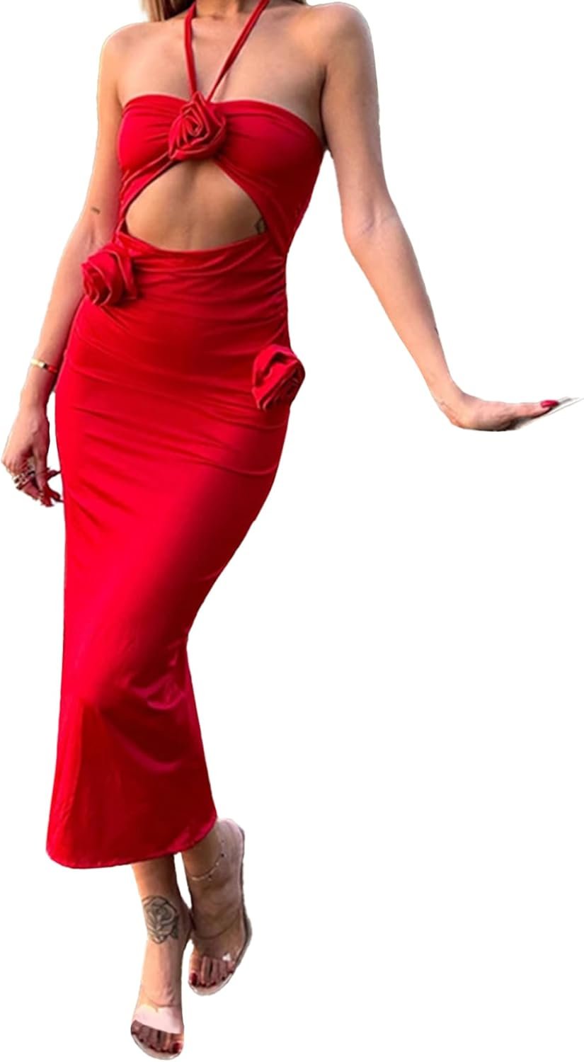 Women Summer Maxi Dress Sexy Elegant Halter Backless Slit Sleeveless Ruched Bodycon Cocktail Long Dress