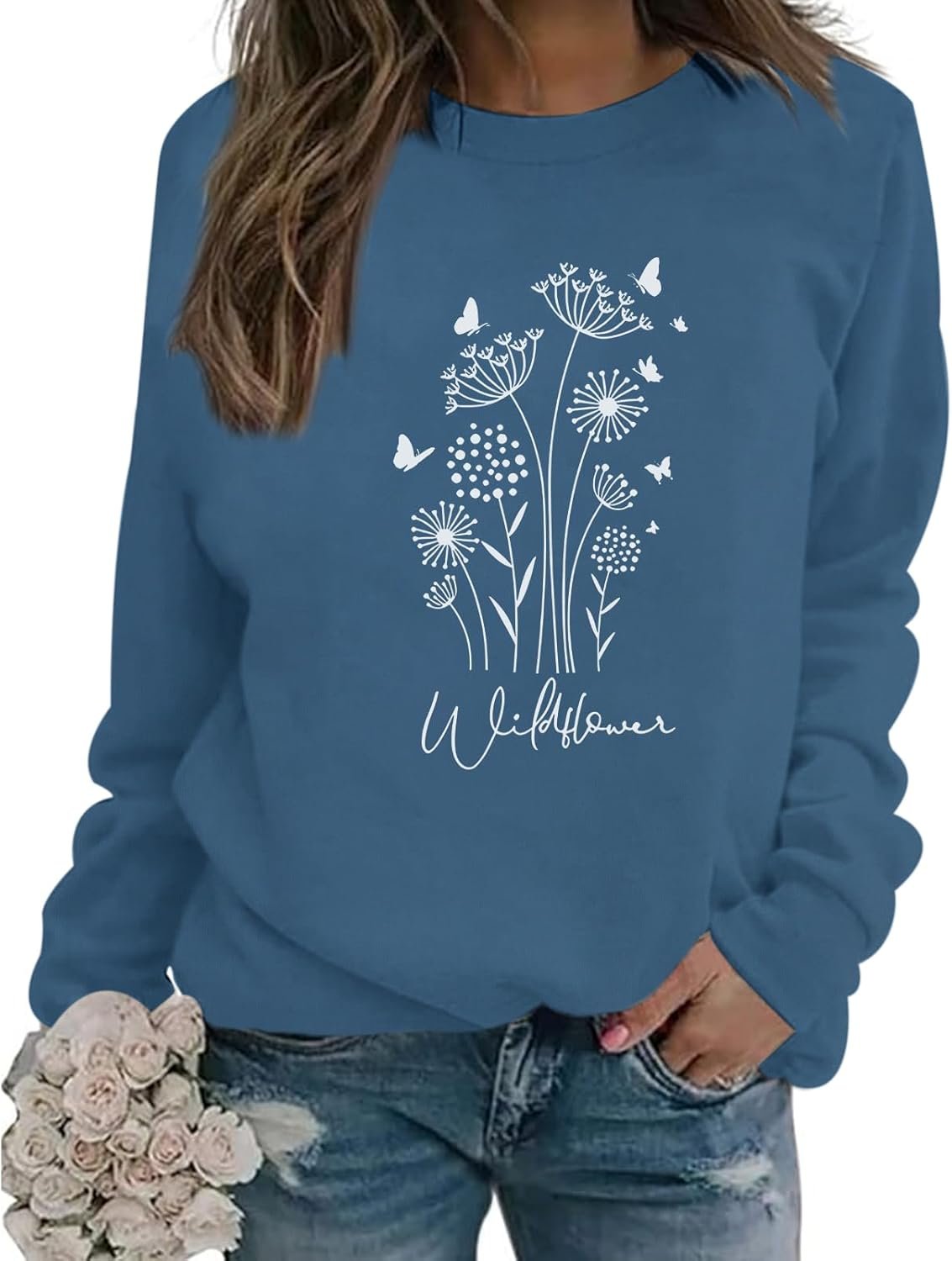 Bobeutou Flower Graphic Sweatshirt for Women 80s Vintage Minimalistic Floral Printed Long Sleeves Shirt Loose Pullovers Tops