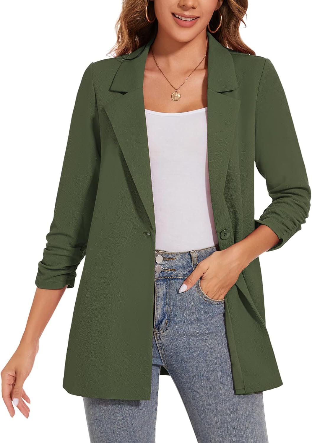Women's Long Blazer Jackets Button Front Lapel Ruched 3/4 Sleeve Business Casual Office Work Lightweight Blazers