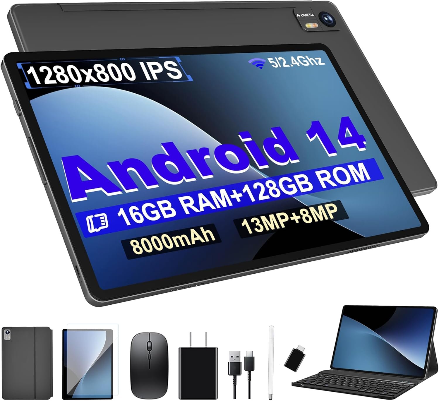 Android 14 Tablet with Keyboard,16GB RAM 128GB ROM 1TB Expand, 8000mAh Battery, 10.1 Inch Tablet with 13MP+8MP Camera/Bluetooth/GPS/WiFi/HD Display (Dark Gray)