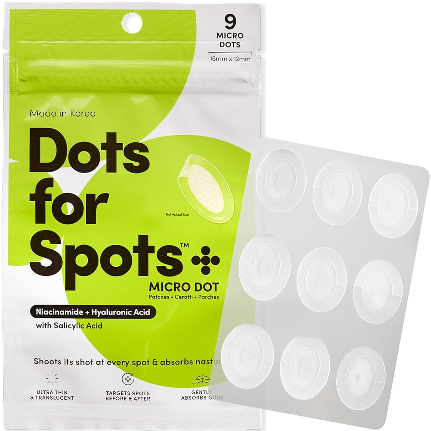 Dots for Spots Pimple Patches with Microdarts - Includes Active Ingredients Niacinamide, Hyaluronic Acid & Salicylic Acid for Maximum Effectiveness - Reduces Redness and Dark Spots (9 count)