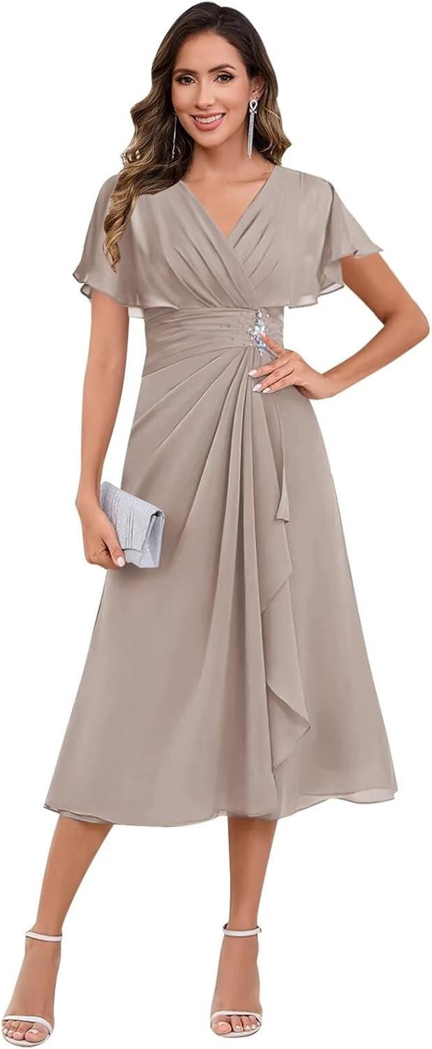 BANTRATIC Tea Length Mother of The Bride Dresses for Wedding Cap Sleeve Chiffon V Neck Ruffle Formal Prom Cocktail Gown