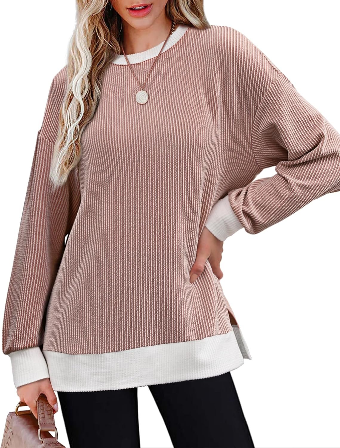 OFEEFAN Womens Long Sleeve Tops Crewneck Sweatshirt Lightweight Ribbed Knit Fall Clothes