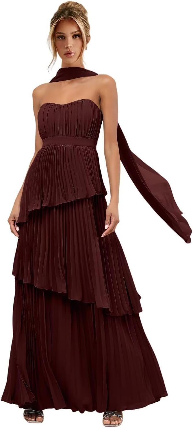 Tiered Scarf Bridesmaid Dresses 2025 Long for Women Chiffon Formal Evening Dress with Pleated TN344