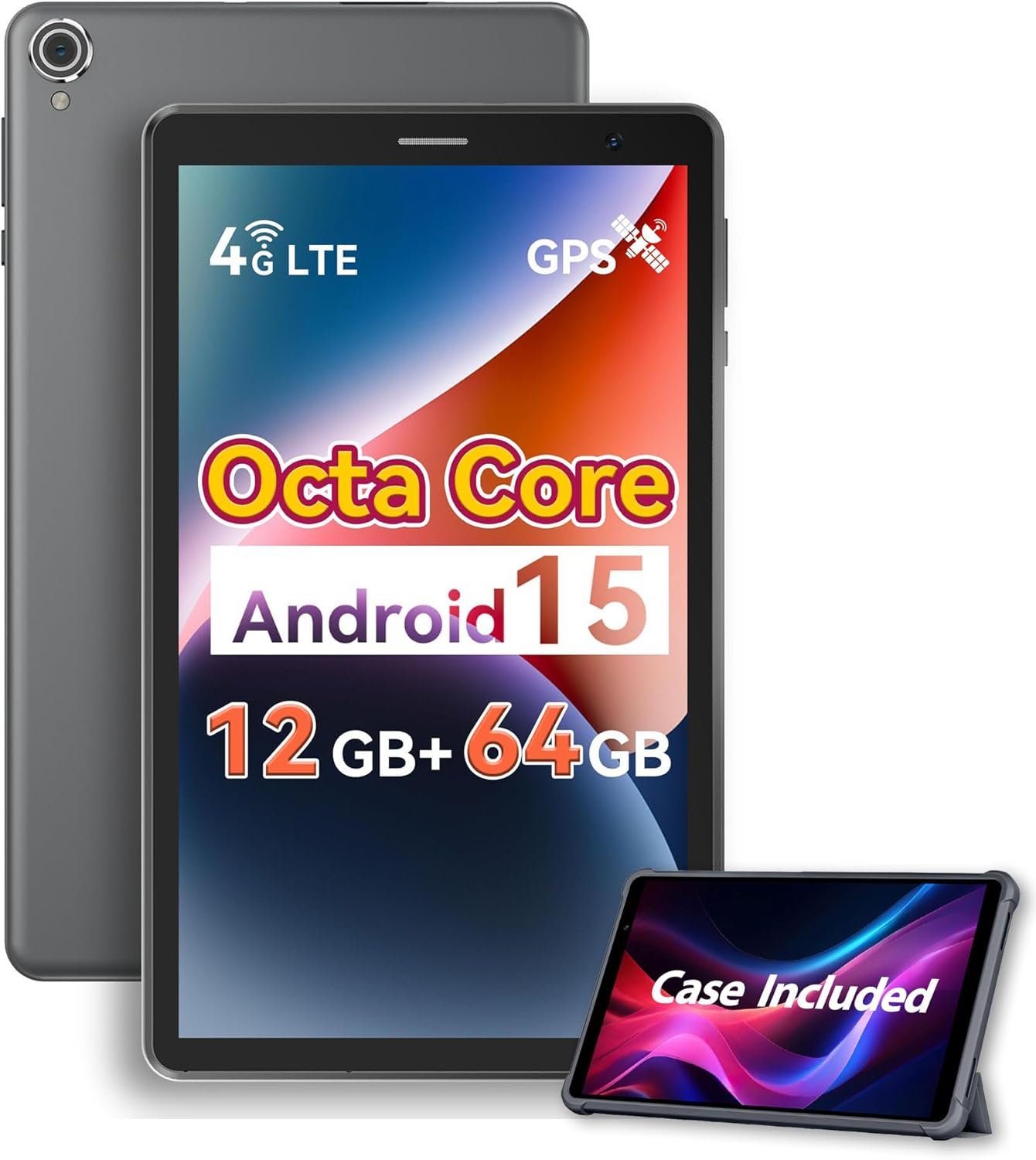 8 Inch Android 15 Tablet with Sim Card Slot Uncloked Cellular Tablet Phone with 4G LTE Octa Core 12GB RAM 64GB ROM 2TB TF Expandable Tableta with Case