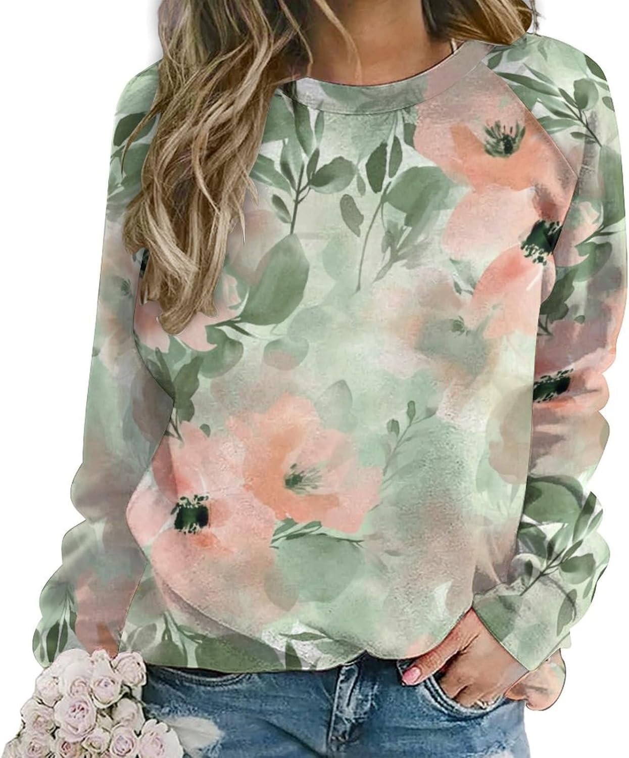 Womens Floral Sweatshirts Flower 3D Printed Long Sleeve Crewneck Pullover Shirts Fall Fashion Tunic Top for Girls