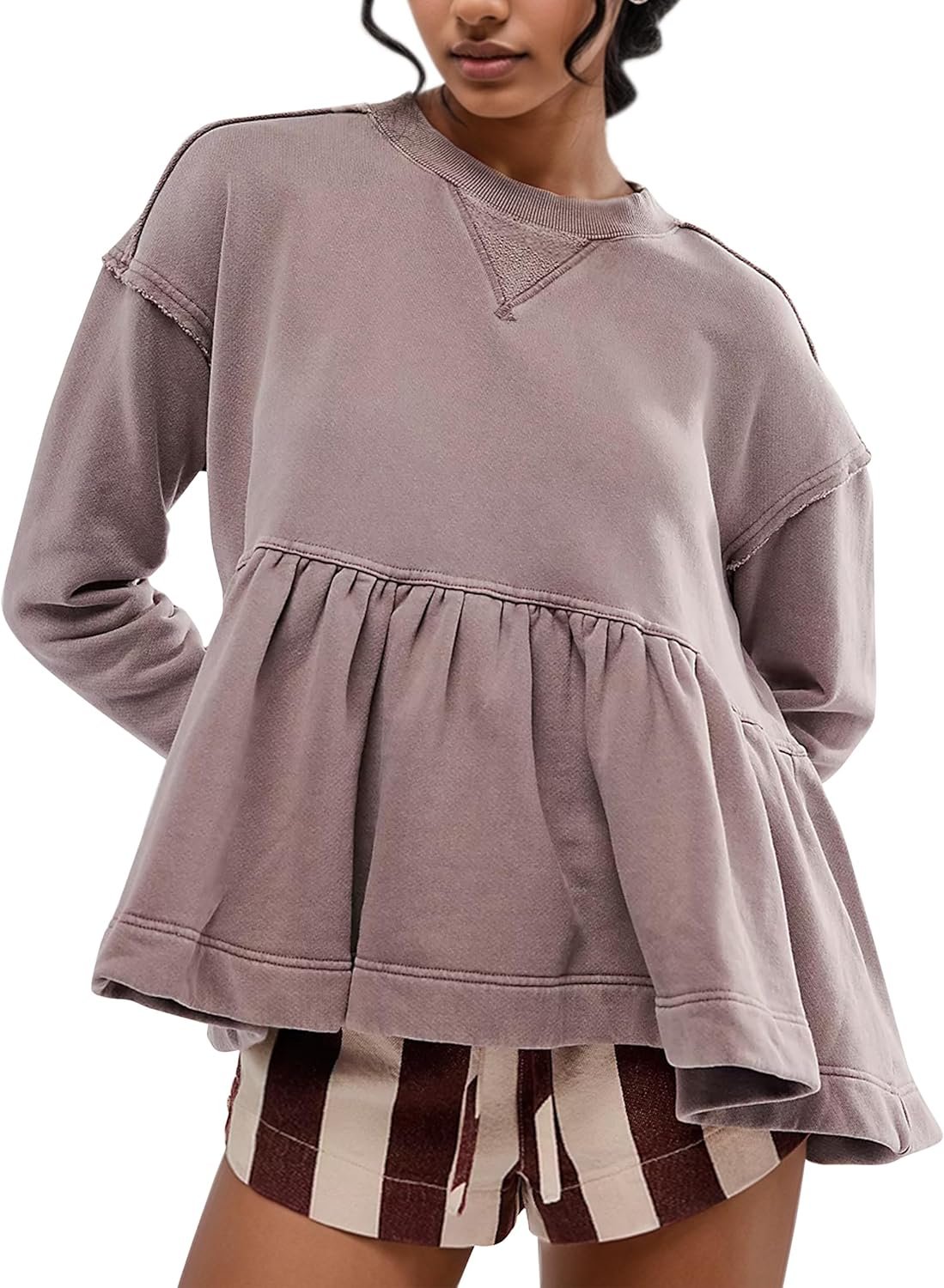 Women Babydoll Sweatshirt Ruffled Hem Cute Sweatshirts Crew Neck Ruffle Long Sleeve Peplum Pullover Purple