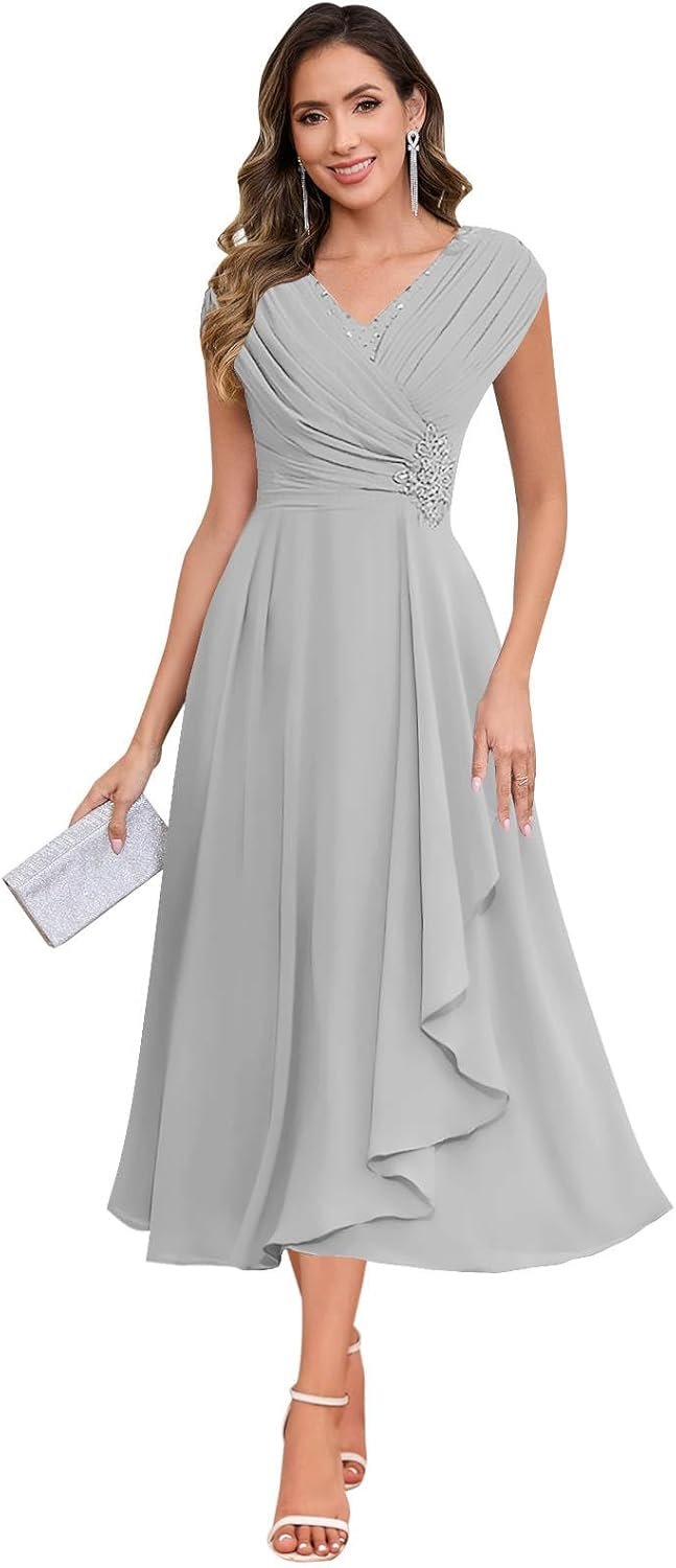 SOLODISH Mother of The Bride Dresses for Wedding Tea Length Chiffon A Line Formal Wedding Guest Party Gown