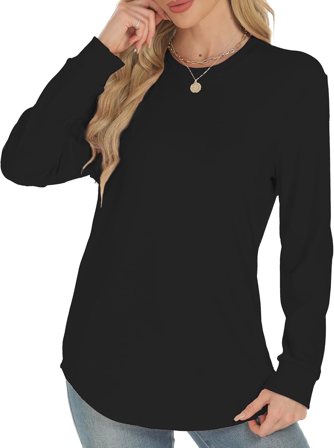 Long Sleeve Shirts for Women, Crew Neck Side Split Tunic Tops, Loose Fit T-Shirts Casual Tunic Pullover Trendy Clothes