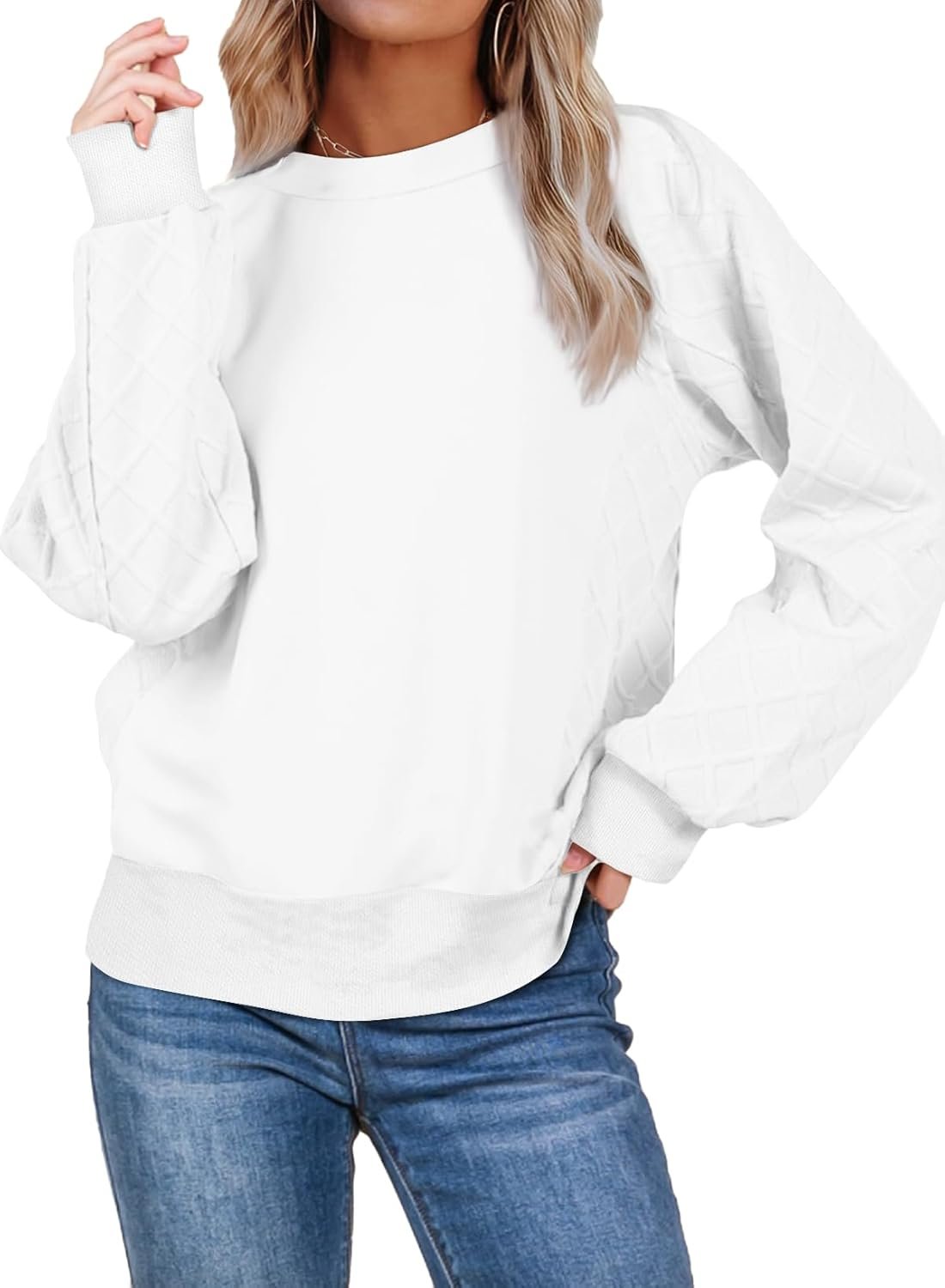 SHEWIN Womens Crewneck Sweatshirts Patchwork Texture Long Sleeve Tops Casual Loose Pullover Sweatshirt Fall Clothes