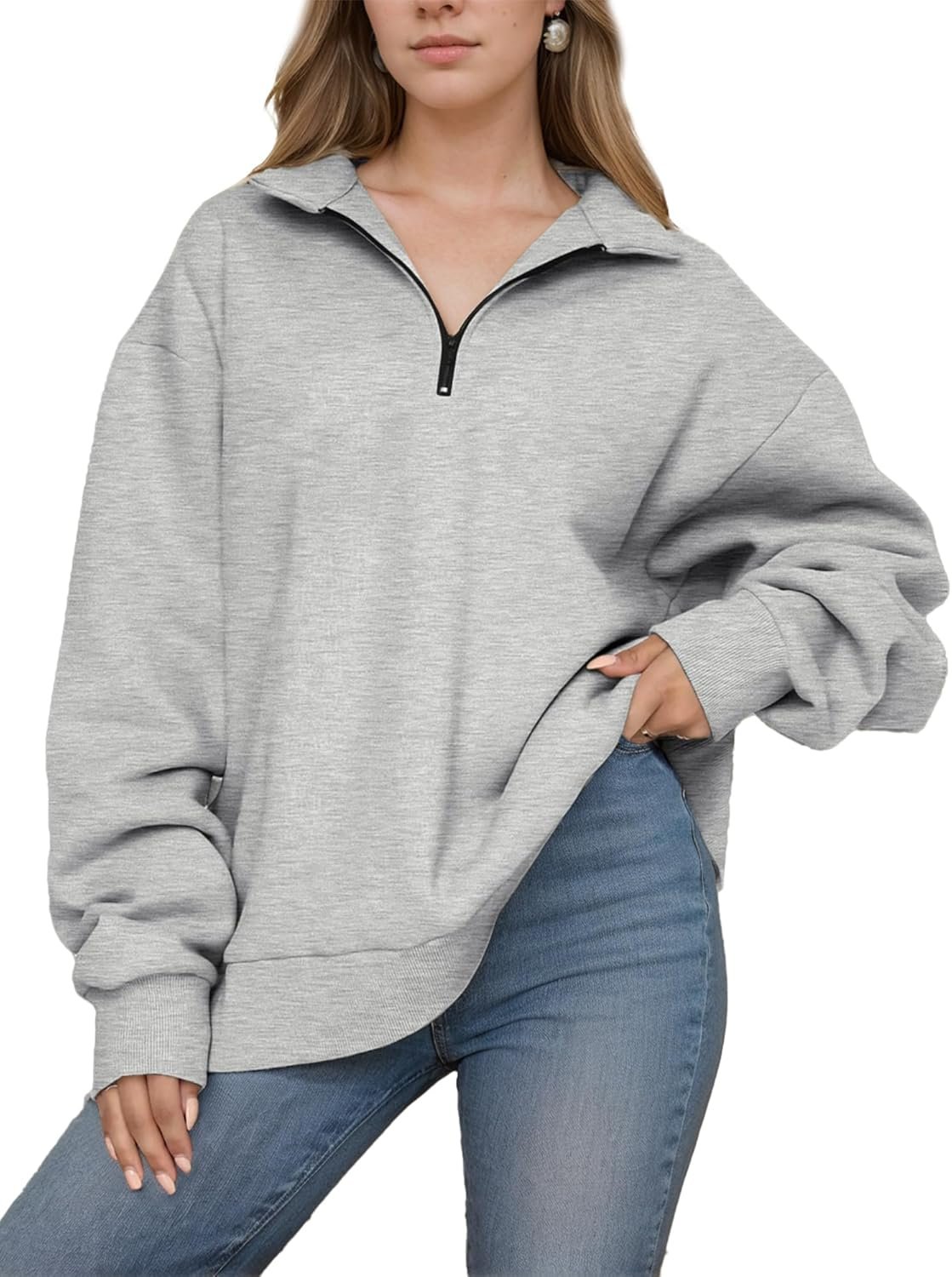 Womens Oversized Sweatshirts Half Zipper Collared Pullover 2024 Fall Fashion Drop Shoulder Tunic