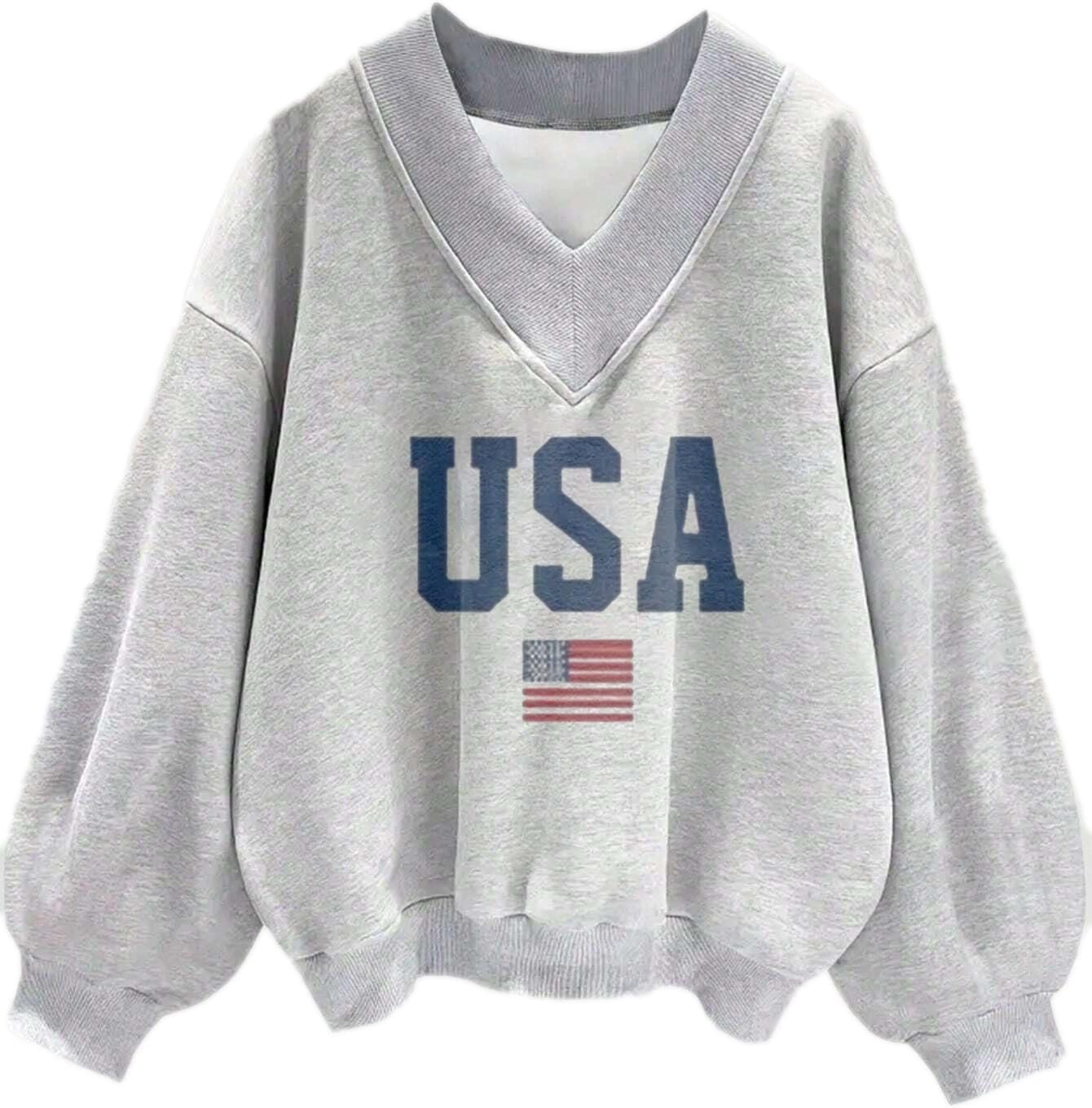 Avanova Women USA Graphic V Neck Sweatshirts Top Drop Shoulder Long Sleeve Pullover Shirt