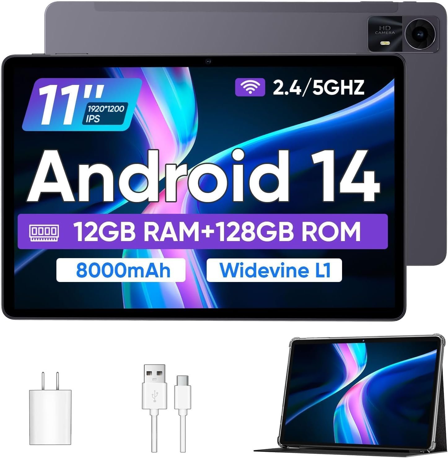 ECOPAD Tablets 11 inch Android 14 Tablet with Case, Octa-core 12GB RAM+128GB ROM,8000mAh Tablet with Dual Band WiFi/BT 5.0/GPS/PD Fast Charge/FM Radio - Black