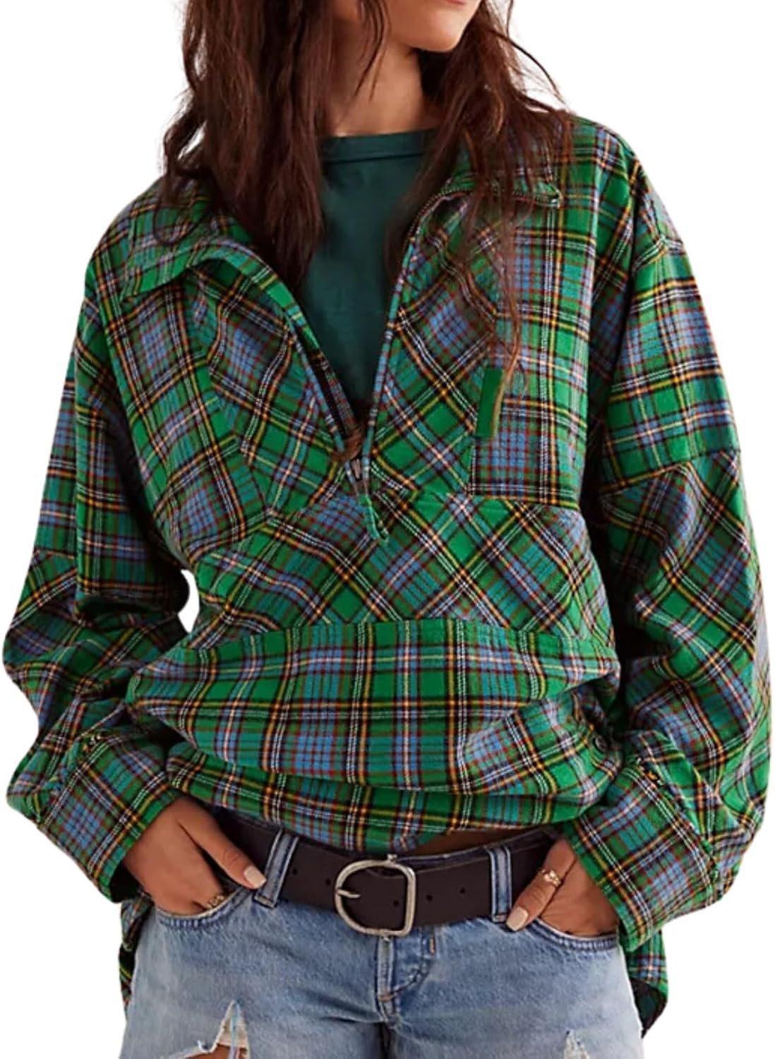 Women's Long Sleeve Lapel Half Zip Up Sweatshirt Plaid Loose Fit Casual Pullover Top with Pocket