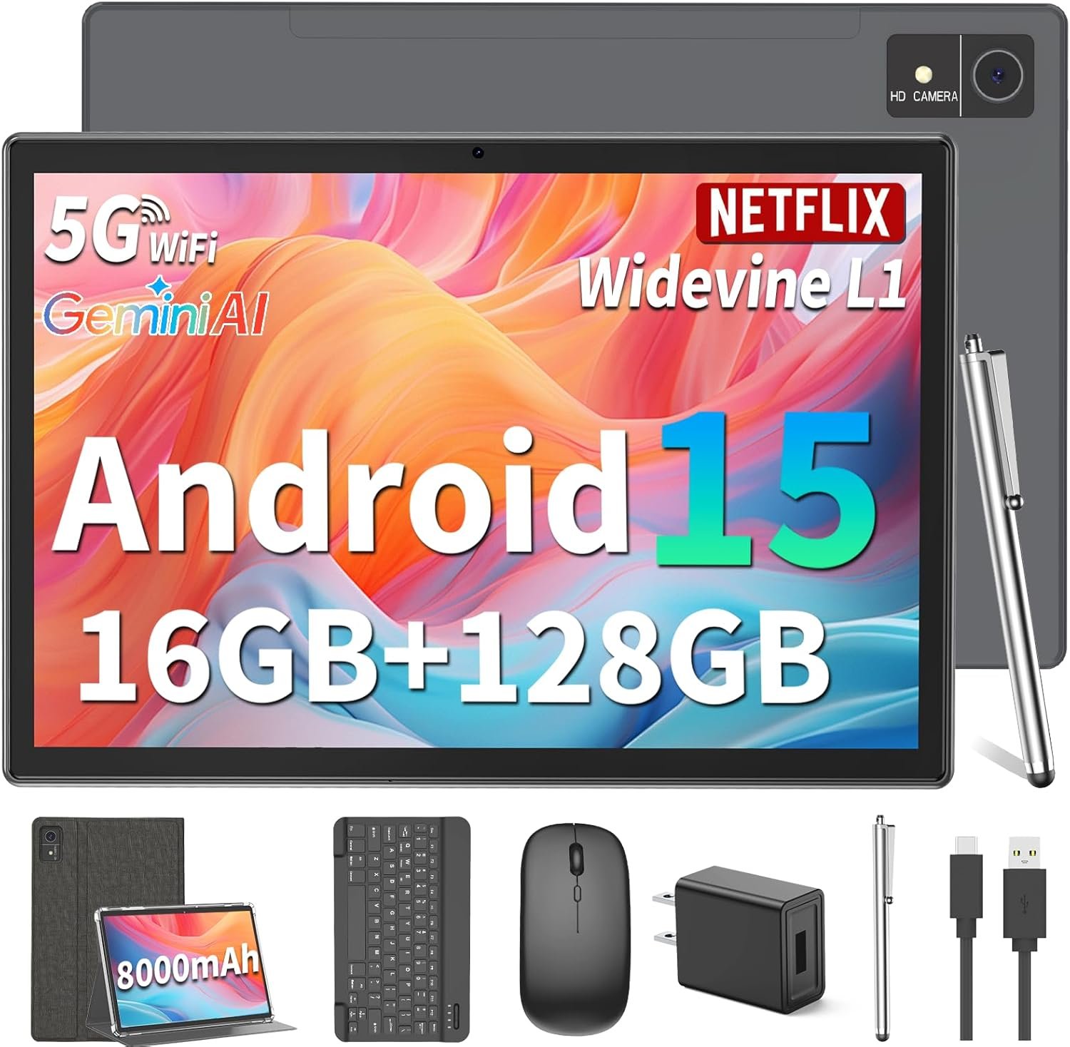 Android 15 Tablet with Keyboard - 10 inch Tablet, 16GB+128GB, 1TB Expand, Octa-Core, 2.4G/5G WiFi, 8000mAh, BT V5.0, GMS, Widevine L1, Split-Screen, with Case, Mouse, Stylus(Black Case)