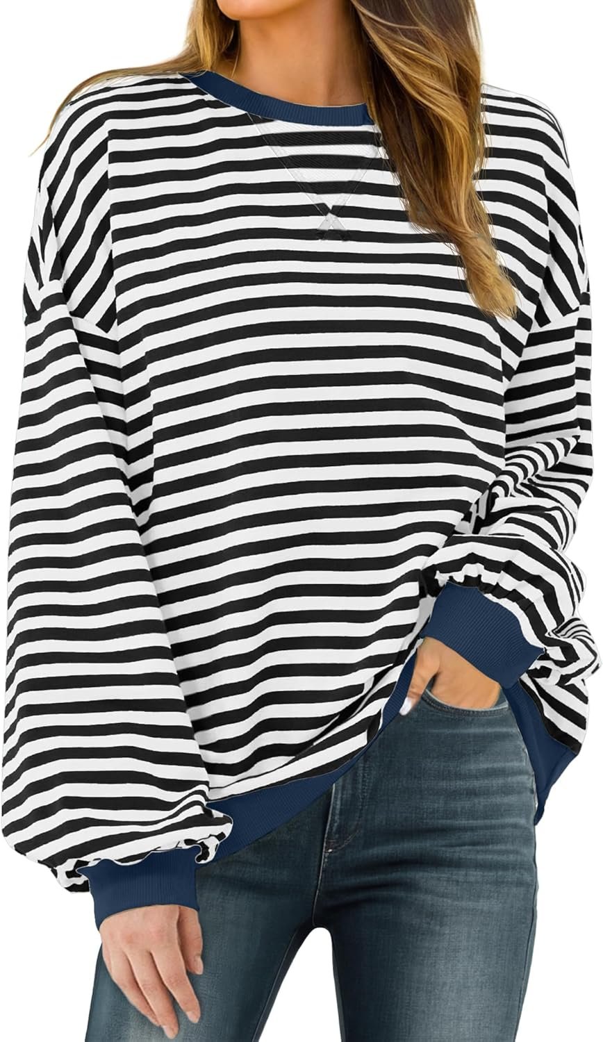 Women Sweatshirt Striped Crew Neck Oversized Long Sleeve Sweatshirt Color Block Loose Pullover